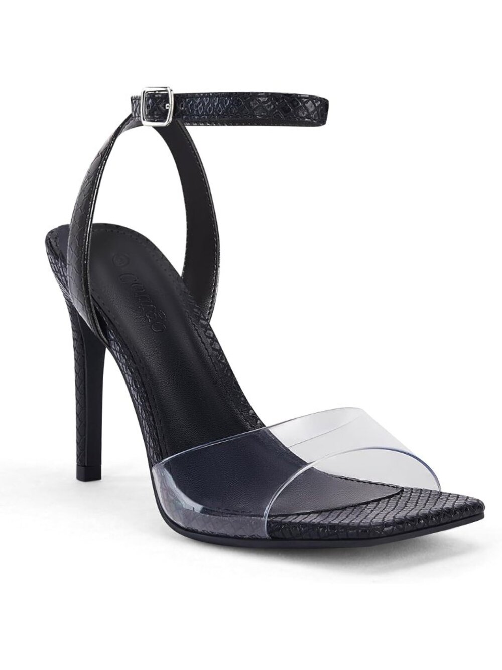 Women's Black Clear Heels Sandals Square Toe Ankle Strap High Heeled Stiletto